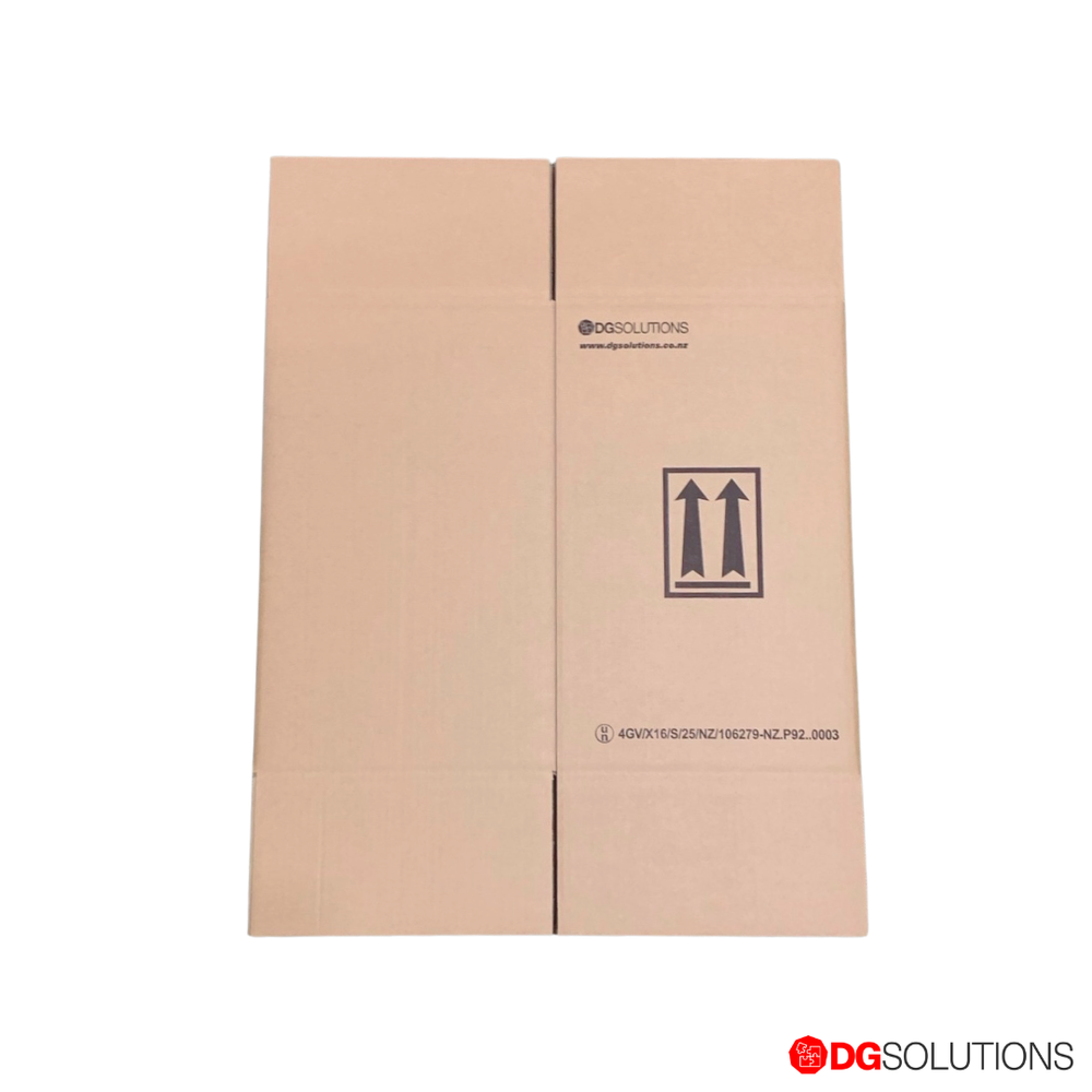 
                  
                    Brown cardboard box with DG Solutions branding on a white background 4GV 16kg fibreboard box
                  
                
