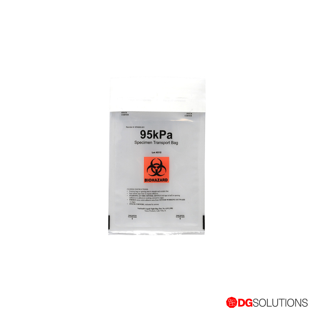 Specimen transport bag with biohazard symbol on a white background