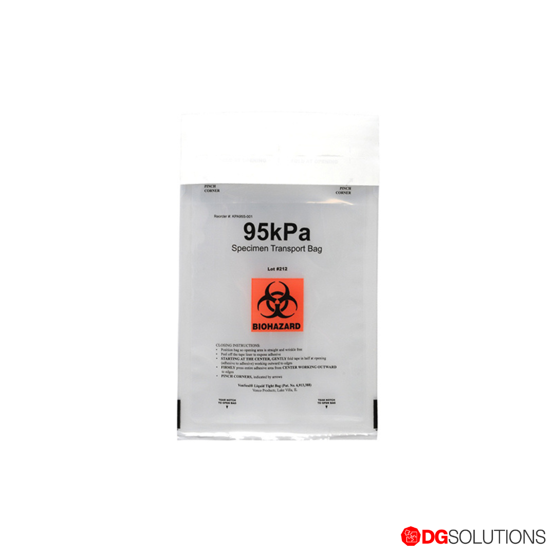 Biohazard specimen transport bag with 'DG Solutions' branding on a white background