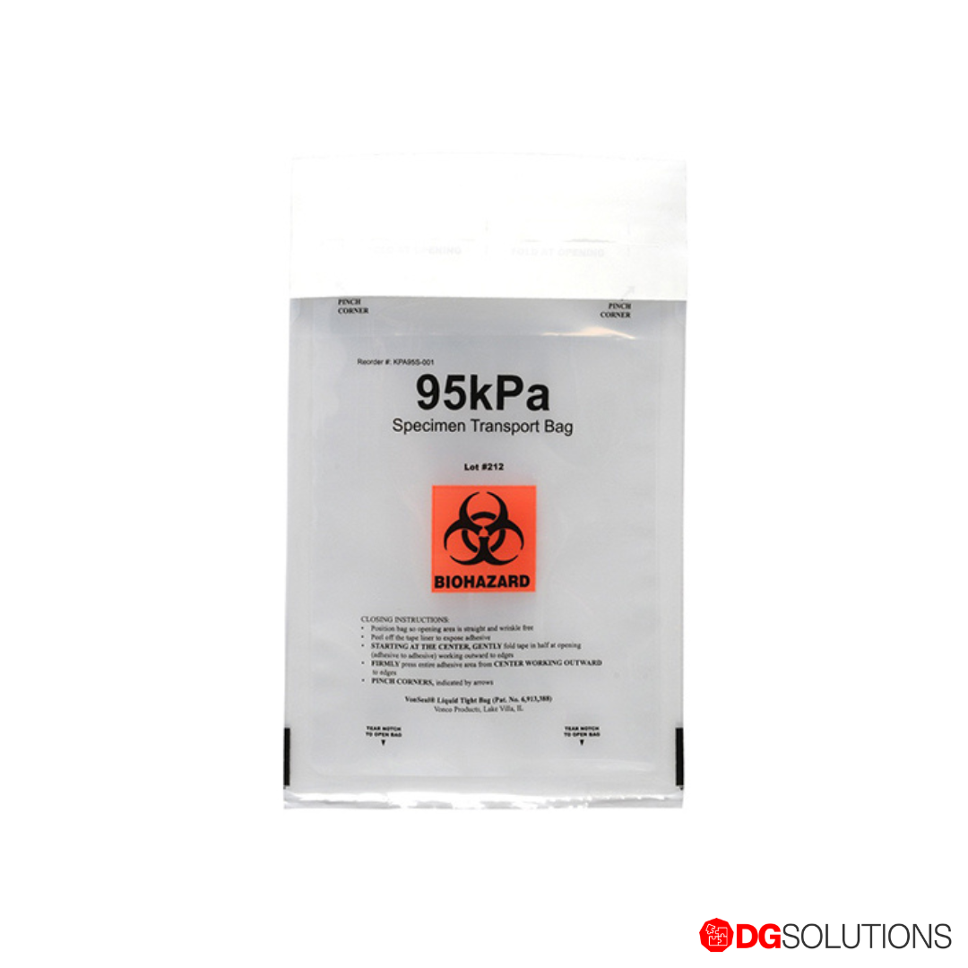 Specimen transport bag with biohazard symbol and 'DG Solutions' branding on a white background