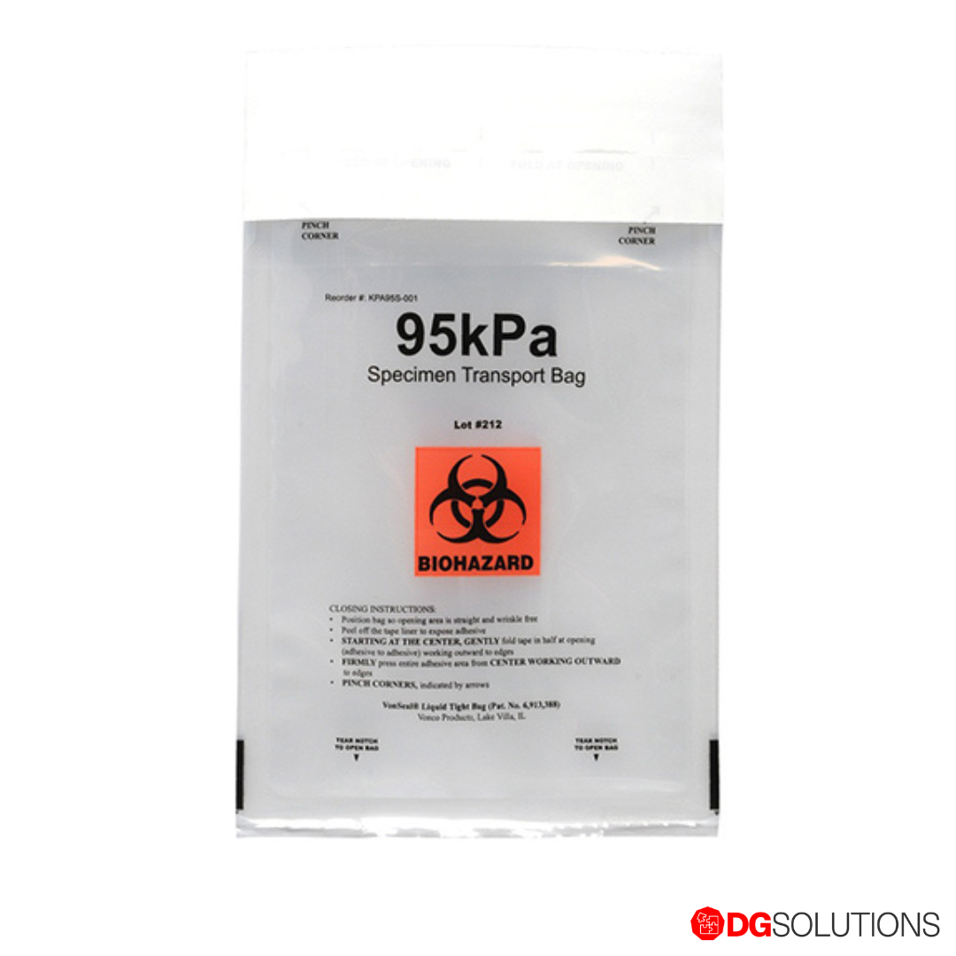 Specimen transport bag with biohazard symbol and 'DG Solutions' branding on a white background