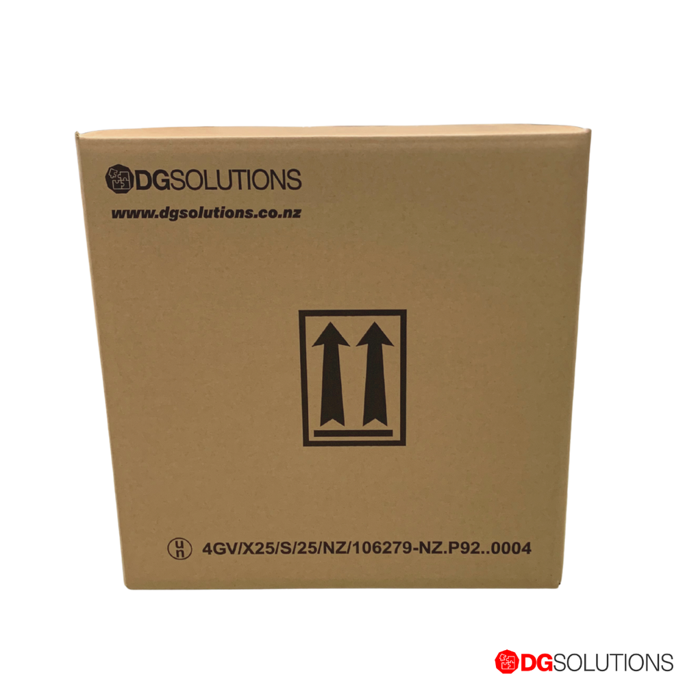 Brown cardboard box with DG Solutions branding and packaging symbols on a white background 4GV 25kg fibreboard box