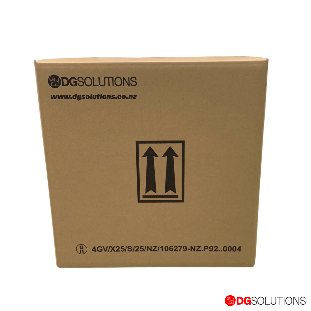 Brown cardboard box with DG Solutions branding and packaging symbols on a white background 4GV 25kg fibreboard box