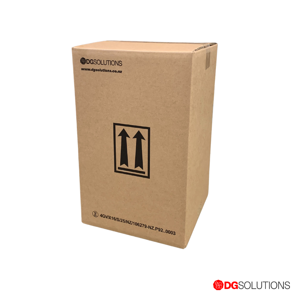 Cardboard box with DG Solutions branding on a white background 4GV 16kg fibreboard box
