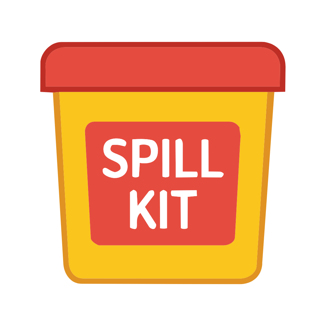 A flat vector-style illustration of a yellow spill kit container with a red lid and a red front label reading 'SPILL KIT' in white text, on a light gray background.
