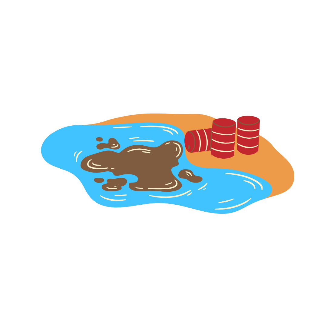 A flat vector illustration of a puddle with brown spilled liquid, blue water, an orange ground patch, and three red cylindrical barrels on a white background.