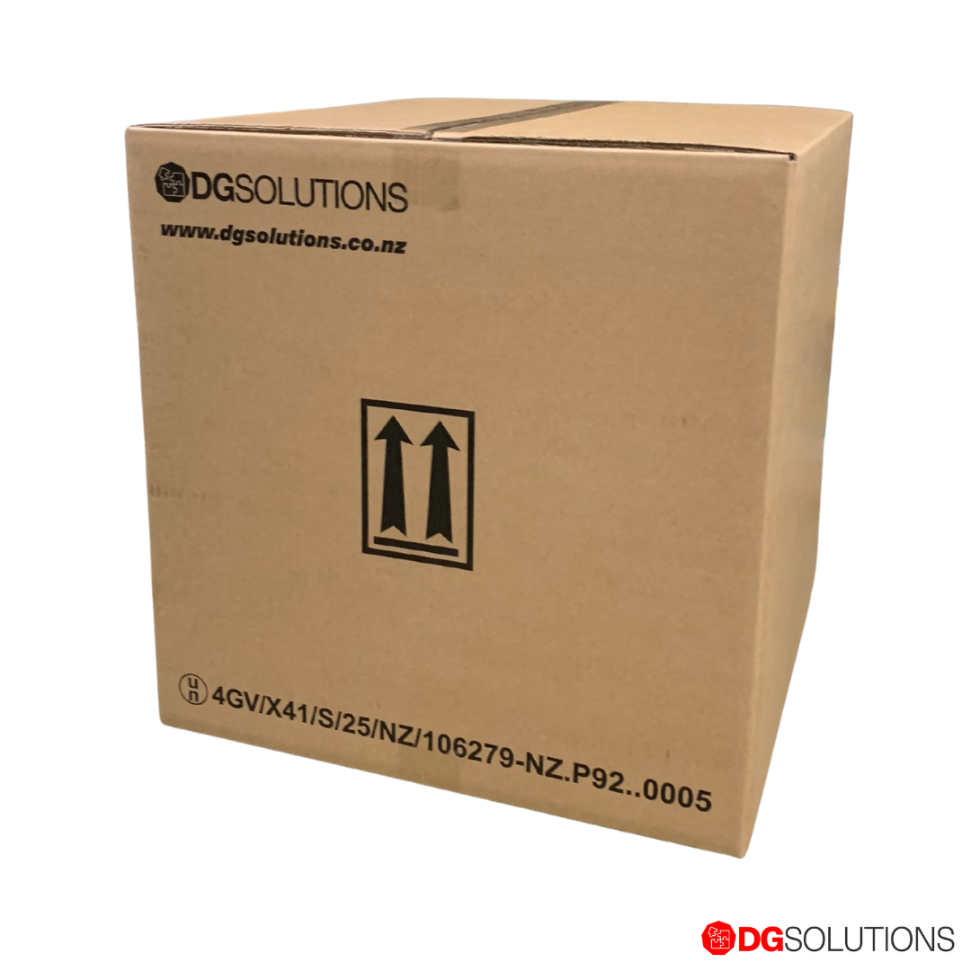 Cardboard box with DG Solutions branding on a white background 4GV 41kg fibreboard box