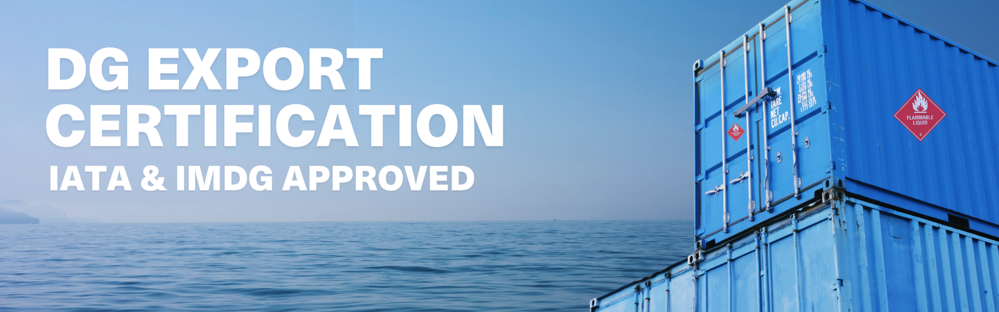 Blue shipping containers with 'DG Export Certification