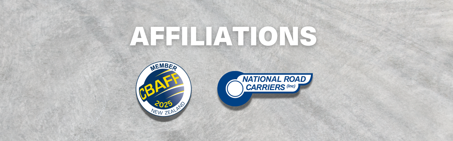 Two logos for CBAFF and National Road Carriers on a gray background with 'AFFILIATIONS' text.