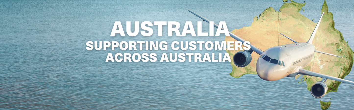 Airplane flying over a map of Australia with text 'Australia Supporting Customers Across Australia' on a blue water background.