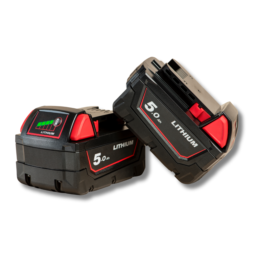 Two lithium-ion batteries with '5.0 Ah' label on a white background